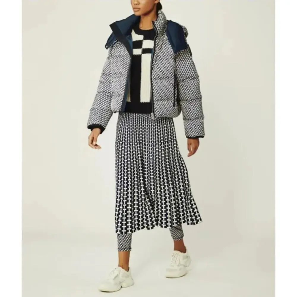 Tory Burch Sport Tech Jacquard Knit Pleated T Logo Midi Skirt Navy White M $328